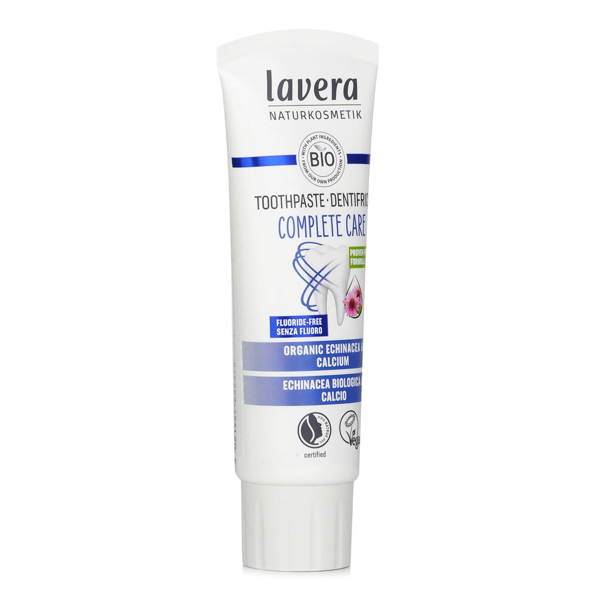 Lavera fluoride-free toothpaste in eco-friendly packaging, 75ml, offering fivefold protection and enriched with Organic Echinacea.