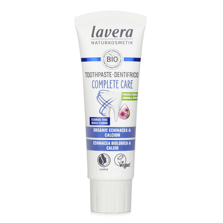 Lavera fluoride-free toothpaste in a 75ml tube, offering eco-friendly, fivefold oral protection with Organic Echinacea and Calcium.