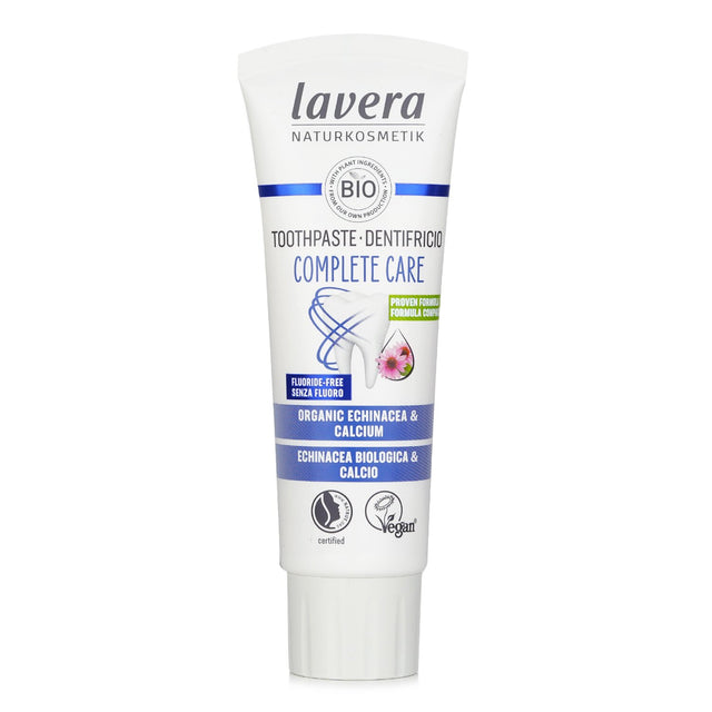 Lavera fluoride-free toothpaste in a 75ml tube, offering eco-friendly, fivefold oral protection with Organic Echinacea and Calcium.