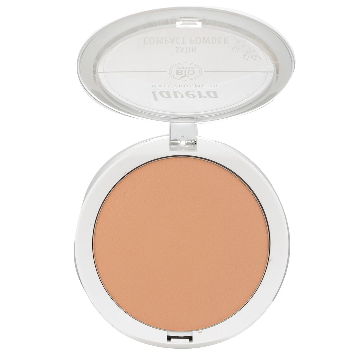 Lavera Satin Compact Powder #03 Tanned, 9.5g, offers a velvety texture for medium to heavy coverage, vegan and skin-friendly.