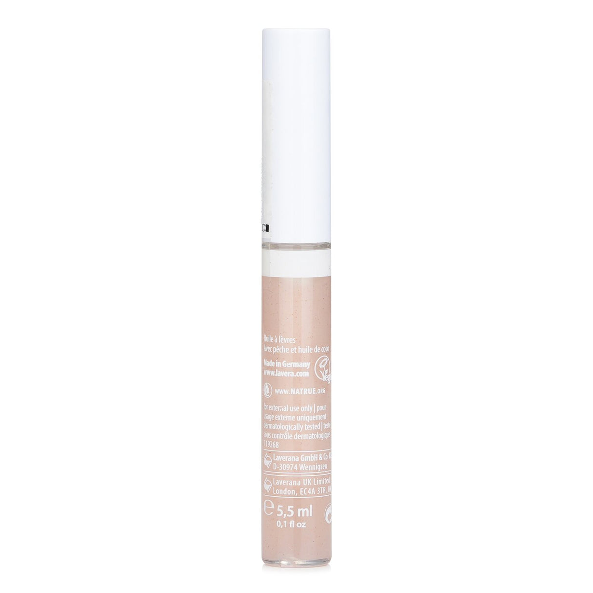 Lavera Juicy Lips Oil in peach and coconut offers glossy, non-sticky hydration for soft, plump lips, ideal for sensitive skin.