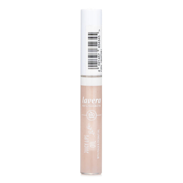 Lavera Juicy Lips Oil with Peach & Coconut Oil, 5.5ml, offers intense gloss and hydration for silky, soft lips.