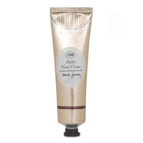 Luxurious Sabon Butter Hand Cream in Delicate Jasmine, 75ml tube, deeply hydrates and nourishes dry skin with a soothing scent.