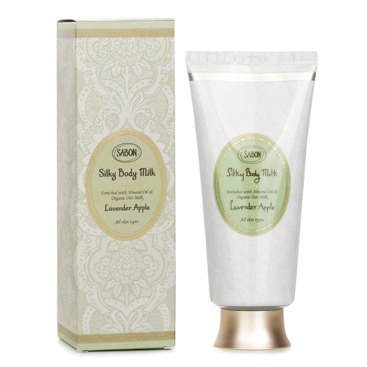 Luxurious Sabon Silky Body Milk in Lavender Apple, 200ml, lightweight, hydrating, with soothing Almond Oil and Oat Milk.