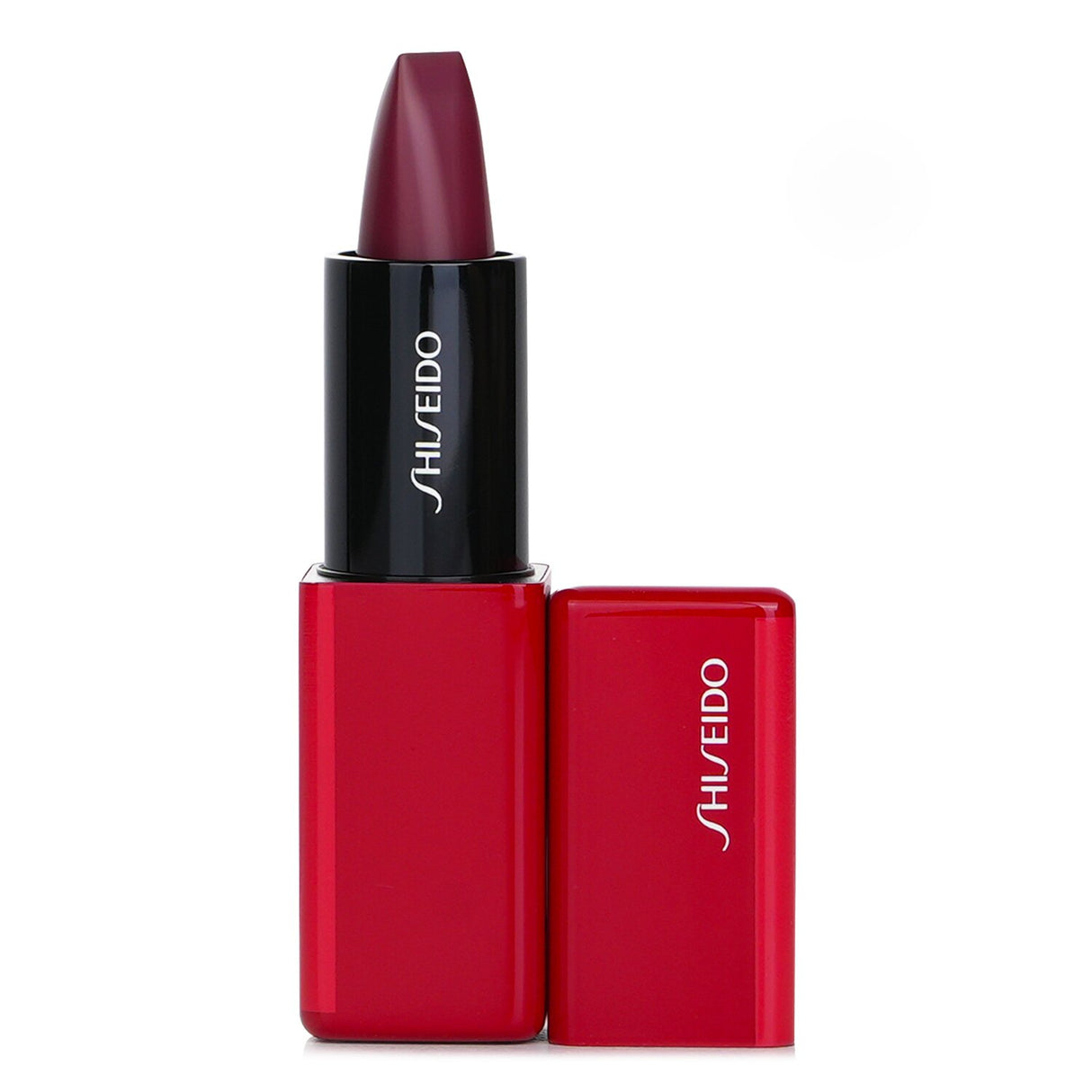 Shiseido Technosatin Gel Lipstick #411 in Scarlet Cluster, offering vibrant, nourishing color with a smooth, weightless finish.