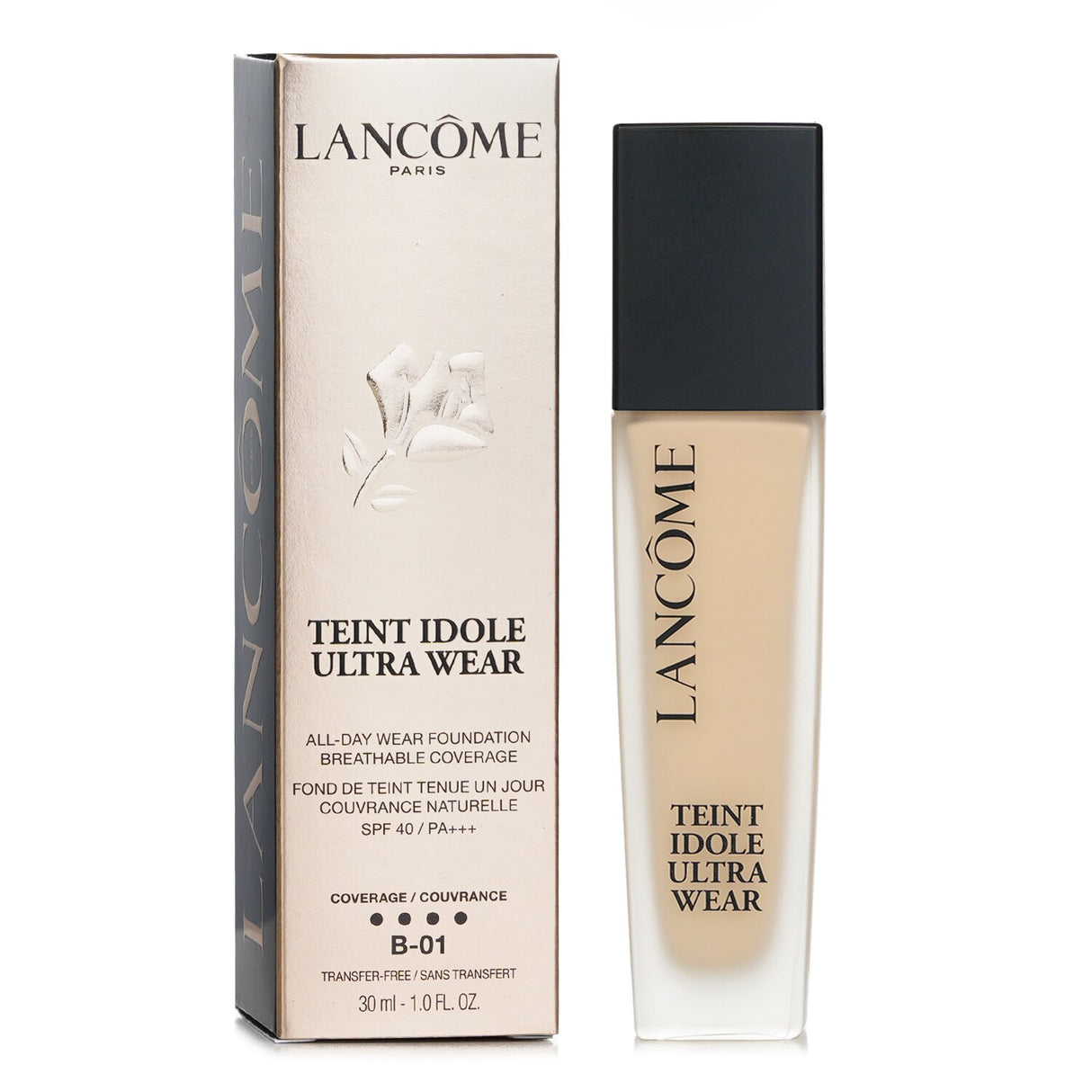 Lancôme Teint Idole Ultra Wear Foundation SPF 40 in shade B-01, offering full coverage, a matte finish, and 81% skincare serum.