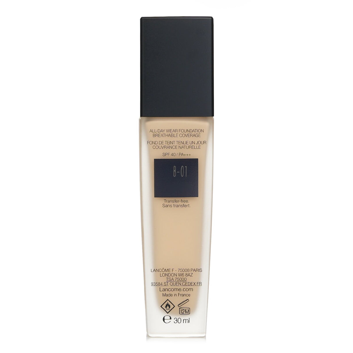 Lancôme Teint Idole foundation in shade B-01, 30ml, offers full coverage, matte finish, and SPF 40 for all skin types.