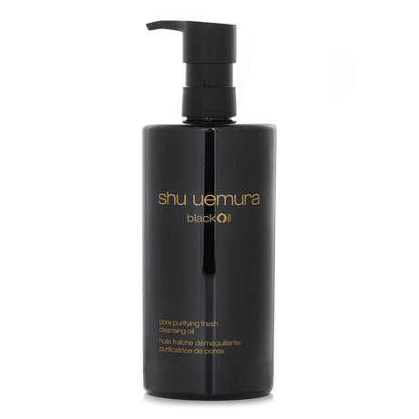 Shu Uemura Black Oil Cleansing Oil in a sleek 450ml bottle, designed to purify pores and remove makeup for radiant skin.