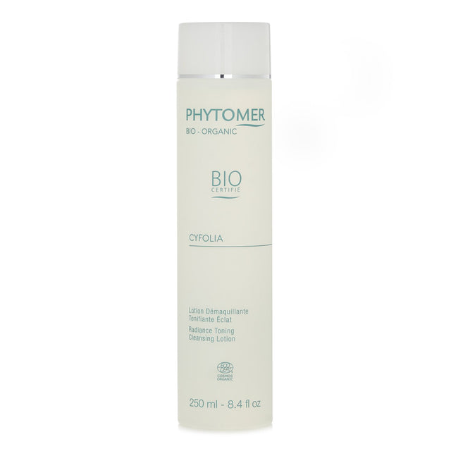 Phytomer Cyfolia Radiance Cleansing Lotion in a 250ml bottle, infused with sunflower oil and organic orange water for vibrant skin.