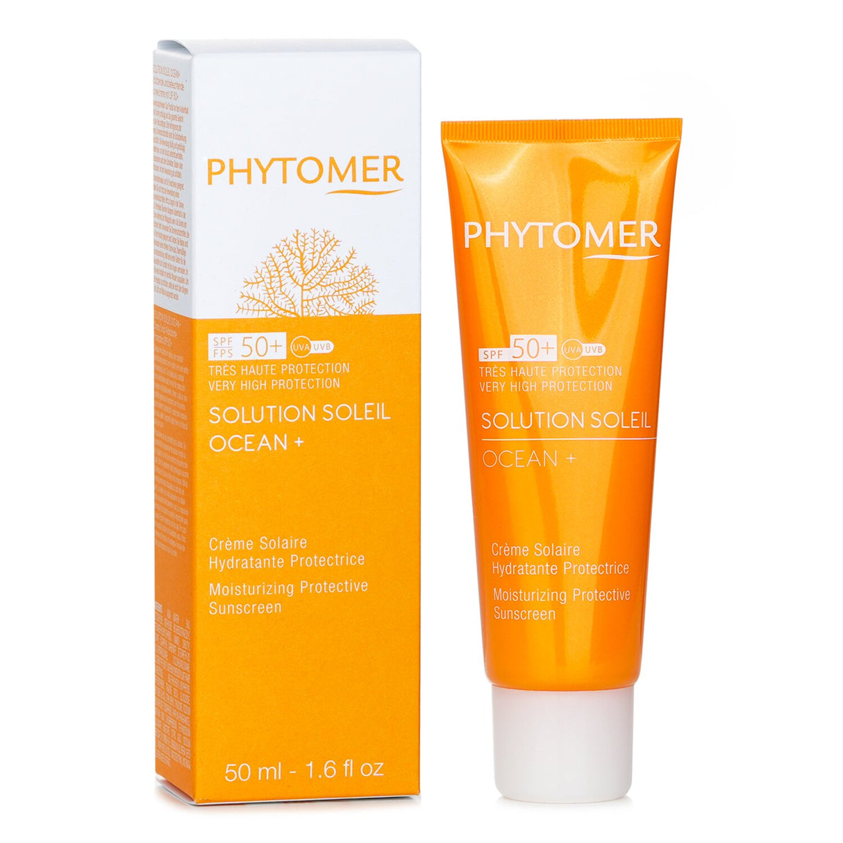 Moisturizing sunscreen with SPF 50, infused with marine oils, safe for skin and oceans, perfect for daily outdoor use.