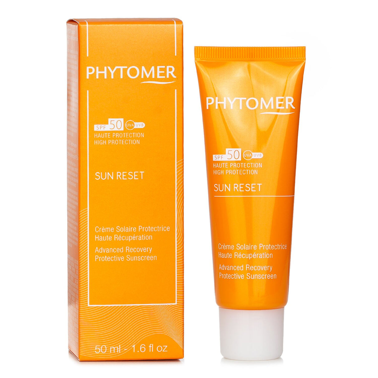 Phytomer Sun ReSet SPF 50 sunscreen in a 50ml tube, offering hydration, UV protection, and a floral scent for all skin types.
