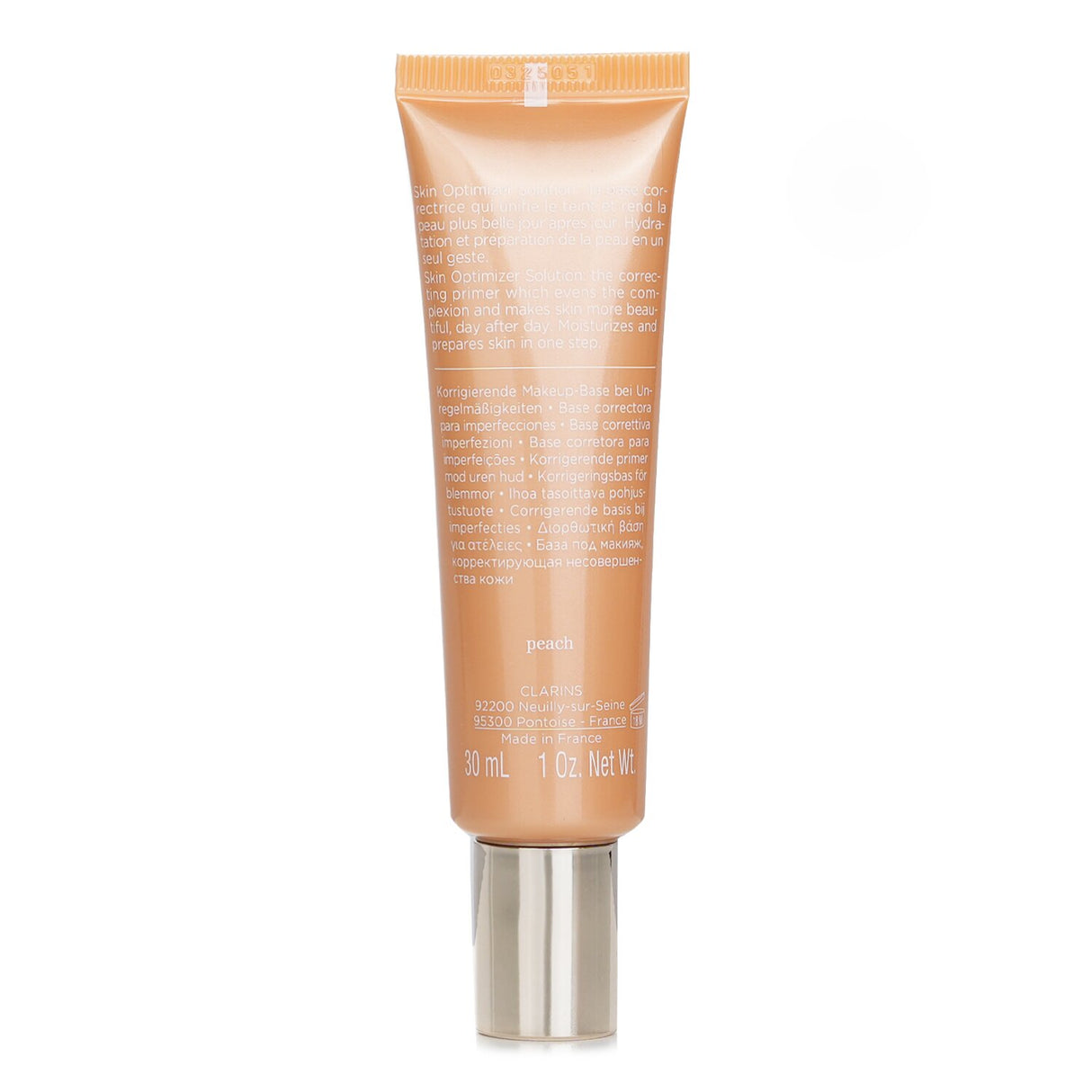 Clarins SOS Primer in #Peach, a lightweight primer that hydrates, blurs imperfections, and preps skin for flawless makeup.