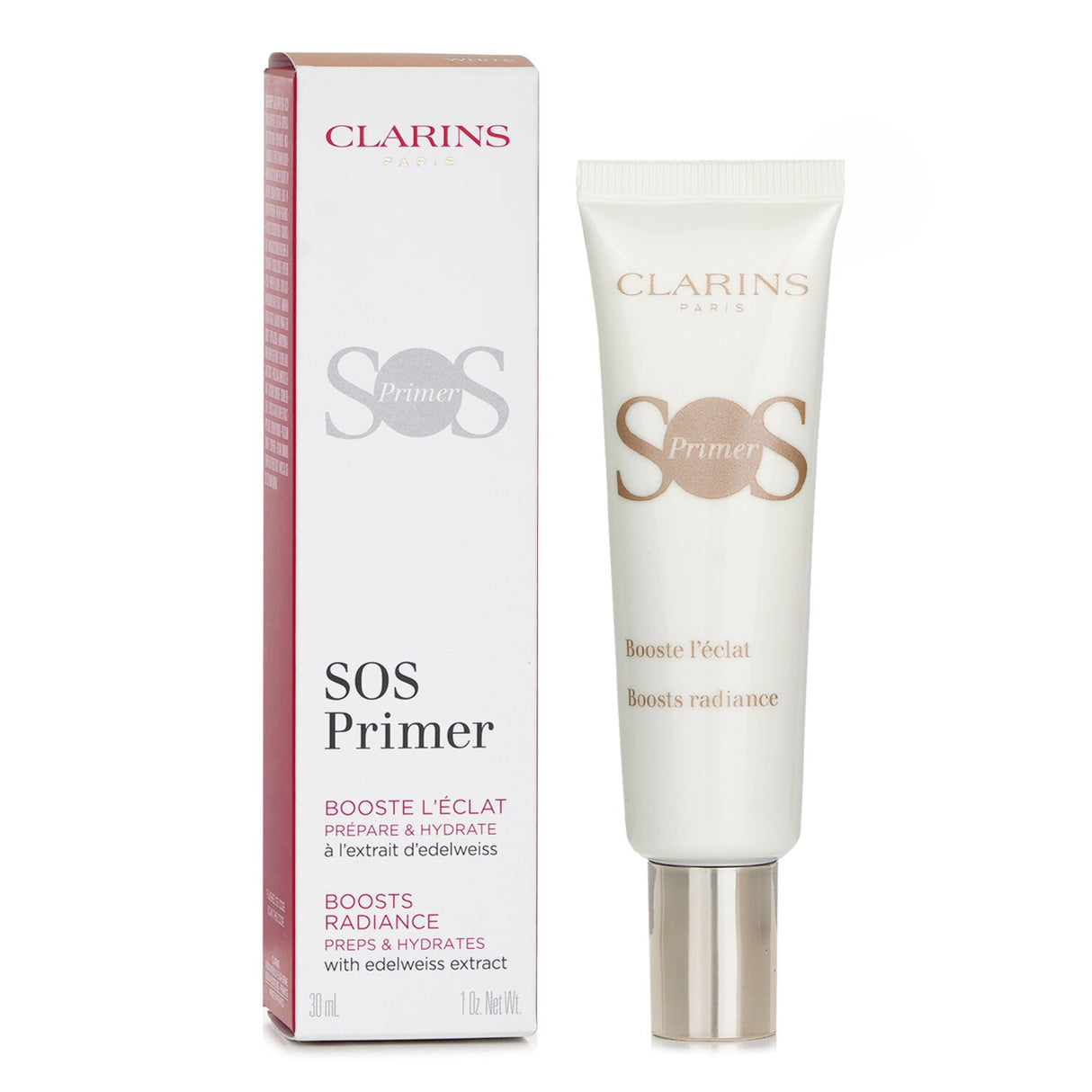 Clarins SOS Primer in #White: lightweight, oil-free formula that hydrates, illuminates, and preps skin for flawless makeup.