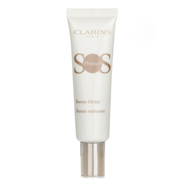 Lightweight Clarins SOS Primer in #White, designed to illuminate, hydrate, and prep skin for flawless, long-lasting makeup.