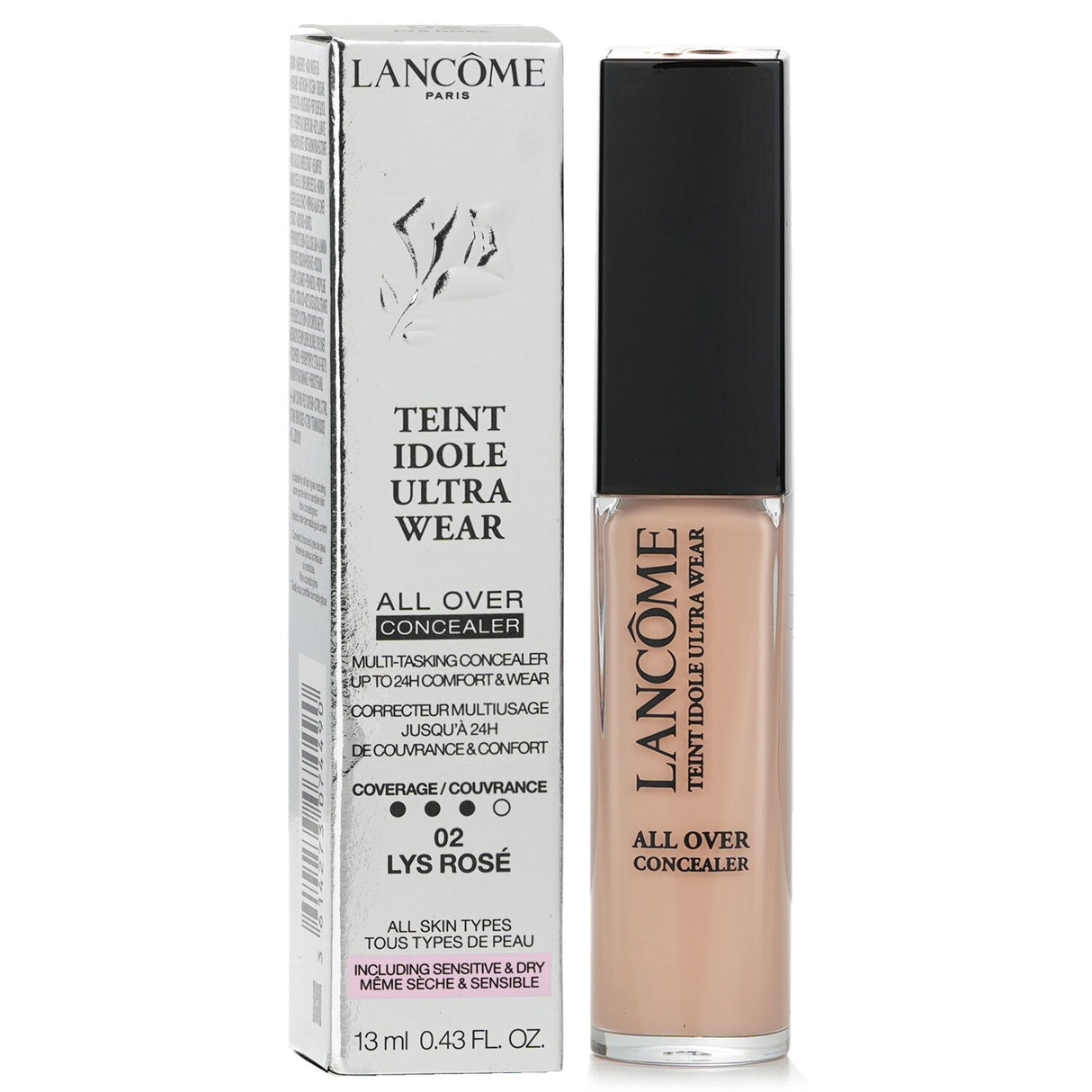 Lightweight, hydrating full coverage concealer #02 Lys Rose in a sleek 13.5ml bottle for flawless skin and dark spot coverage.