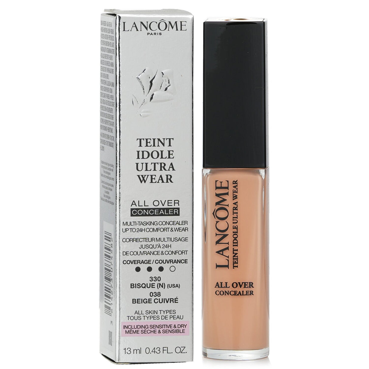 Hydrating Lancome concealer in #038 Beige Cuivre offers full coverage for a flawless, even complexion and brightens under-eye areas.