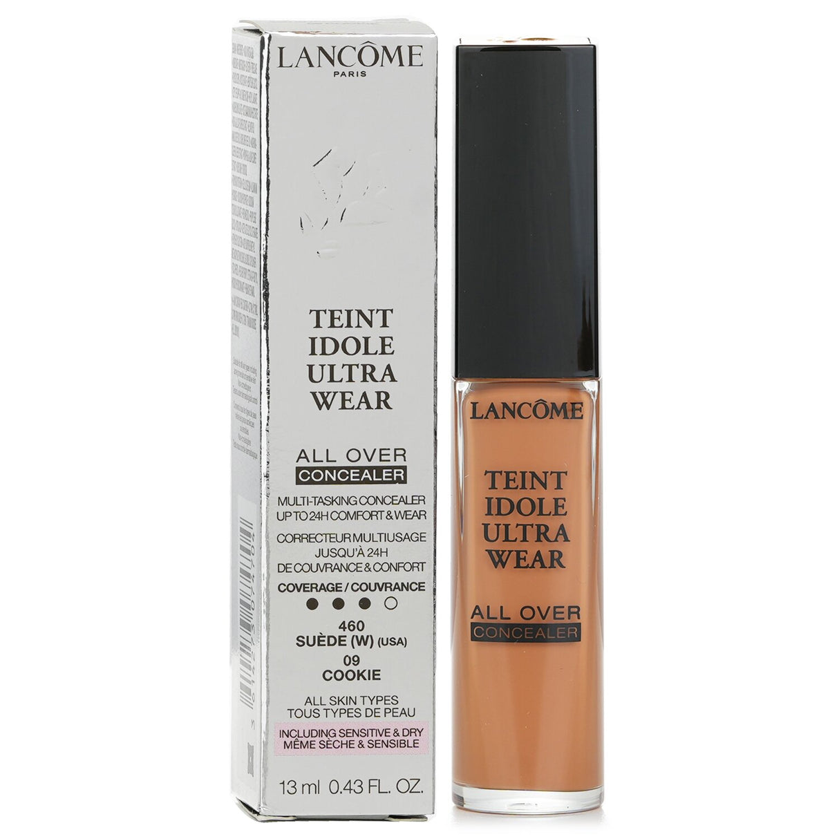 Hydrating, full-coverage concealer in #09 Cookie, ideal for brightening dark circles and evening skin tone.