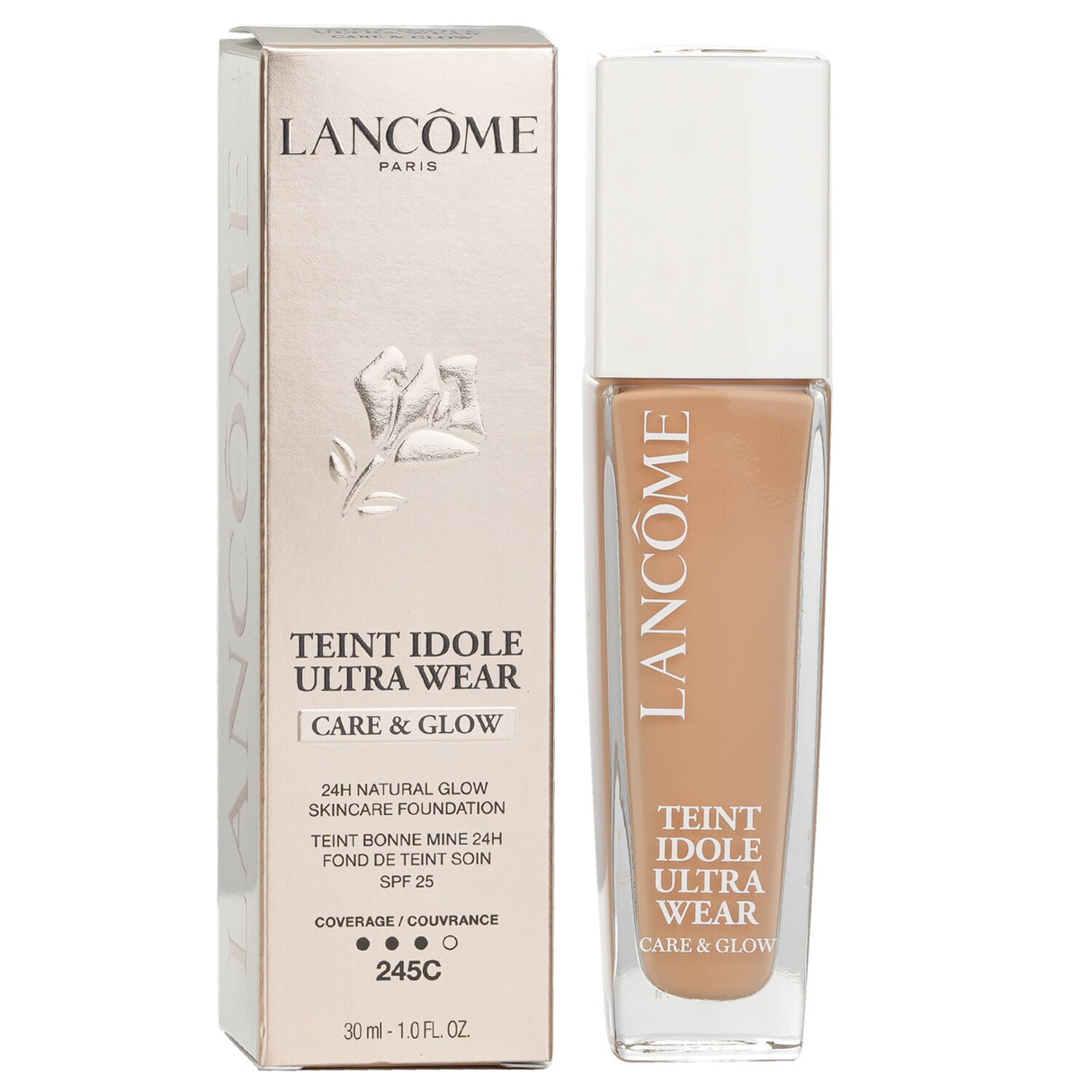 Lancôme Teint Idole Ultra Wear Care & Glow Foundation #245C: Lightweight serum foundation with SPF 25 for a radiant, flawless finish.