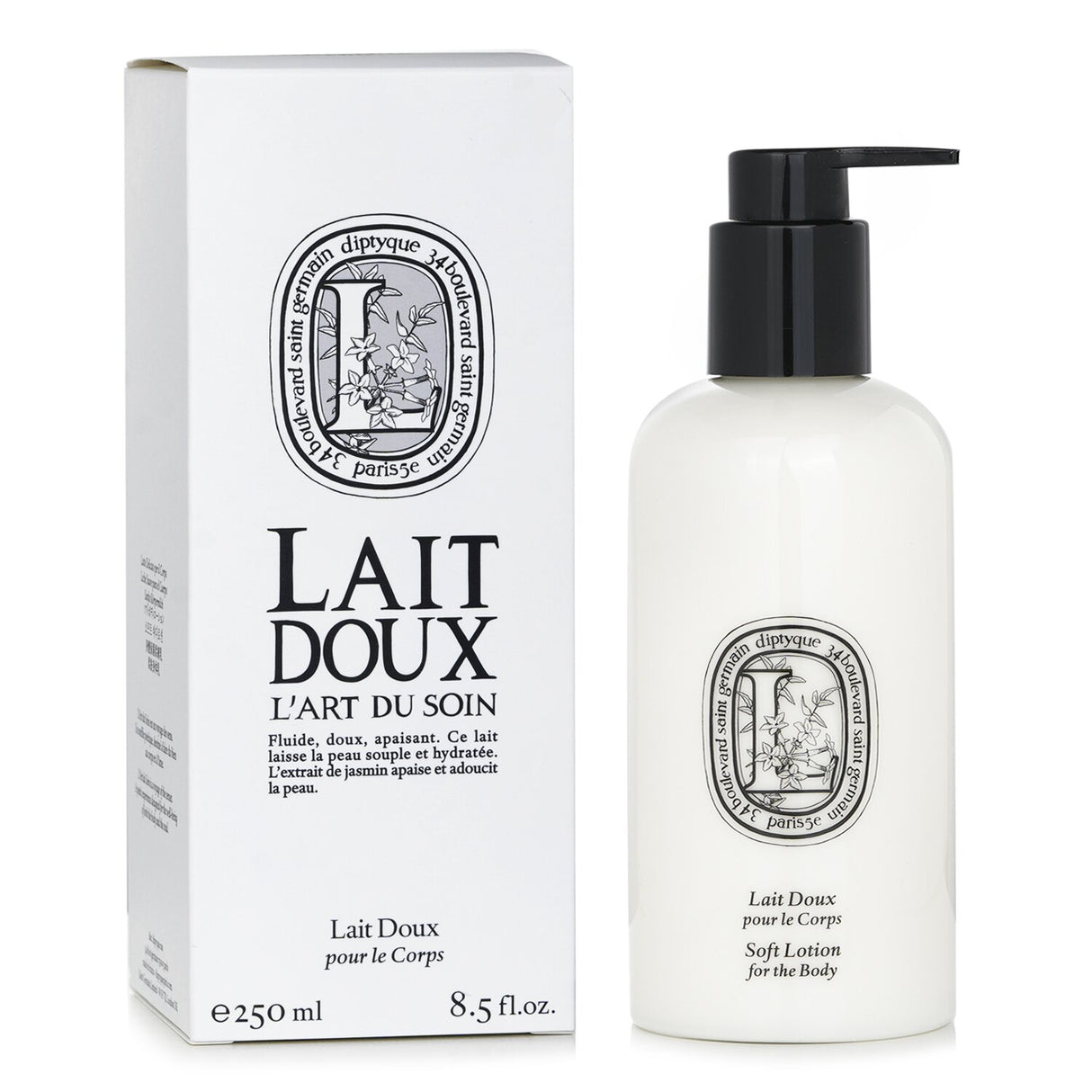 Luxurious Diptyque Lait Doux Liart Du Soin soft lotion in a 250ml bottle hydrates and nourishes for silky, fragrant skin.