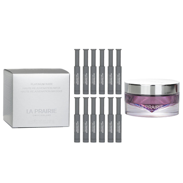 La Prairie Platinum Rare Overnight Mask: luxurious rejuvenation with high molecular hyaluronic acid and collagen for youthful skin.