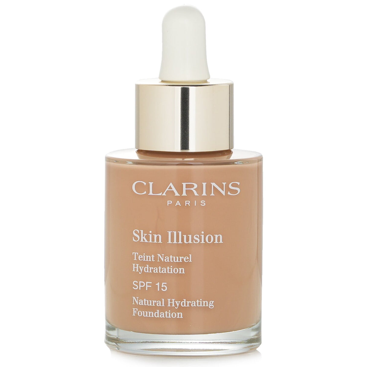 Clarins Skin Illusion Foundation SPF 15 in #112 Amber, offering a lightweight, natural finish for healthy, radiant skin.