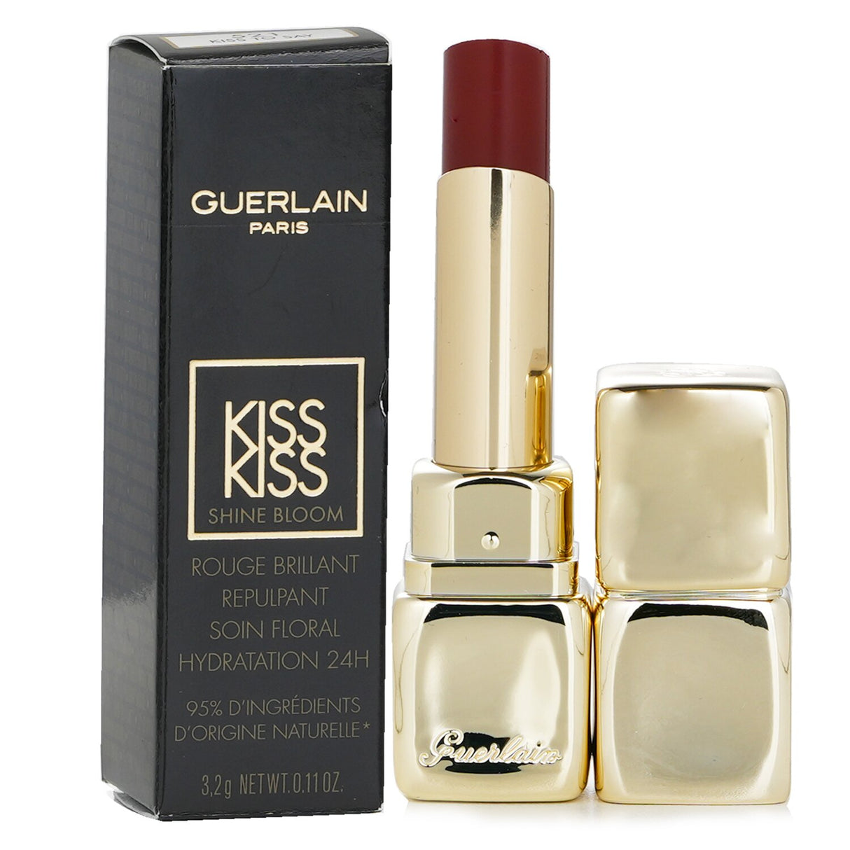 High-shine, plumping lipstick in #521 Kiss To Say with hydrating Shea Butter and Hyaluronic Acid, eco-friendly packaging.
