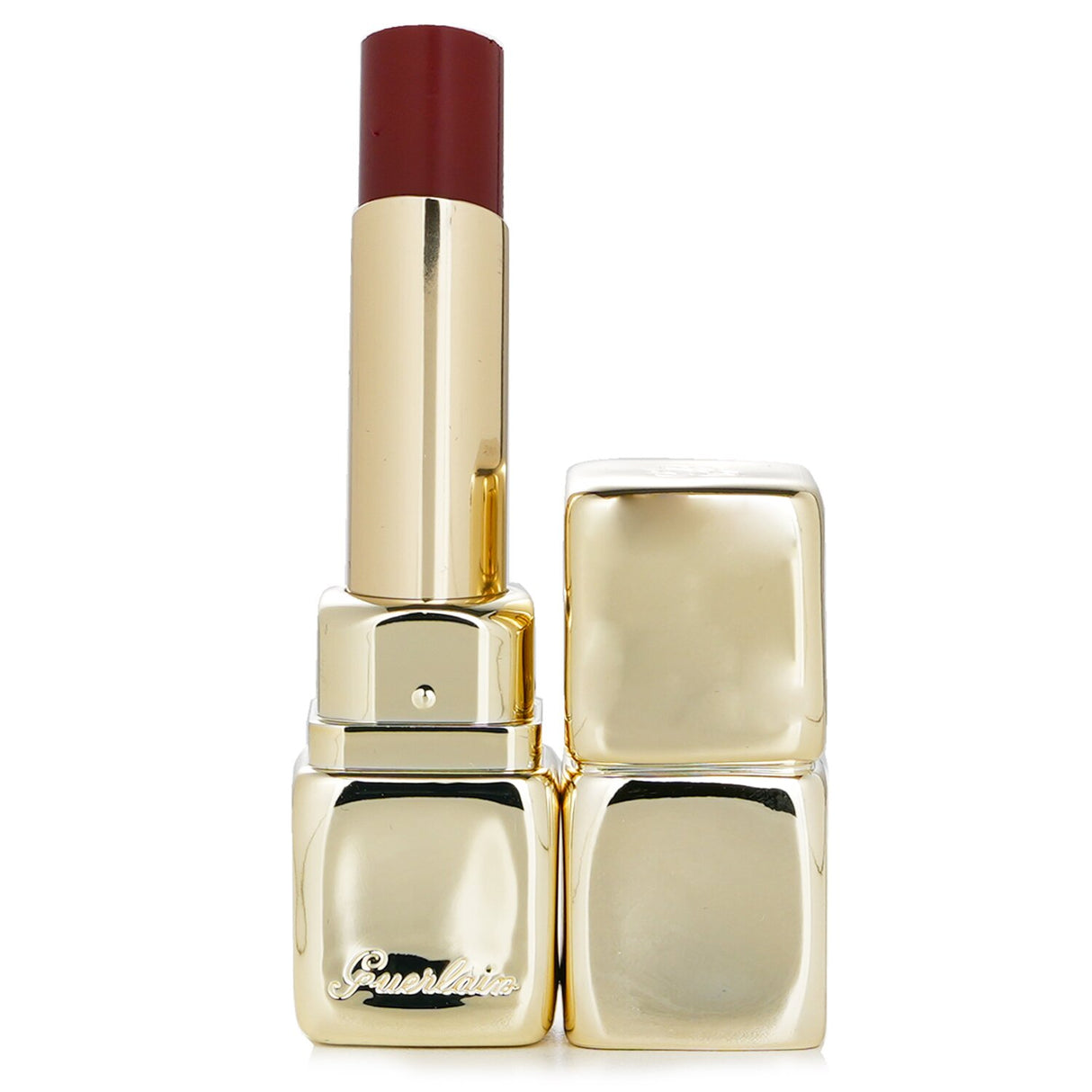 Luxurious #521 Kiss To Say lip colour by Guerlain, featuring a shiny, hydrating formula with natural ingredients in recyclable packaging.