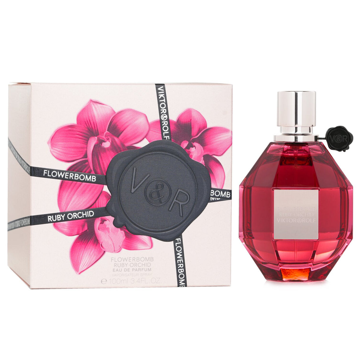 Viktor & Rolf Flowerbomb Ruby Orchid Eau De Parfum Spray in a luxurious 100ml bottle, featuring vibrant floral and warm amber notes.