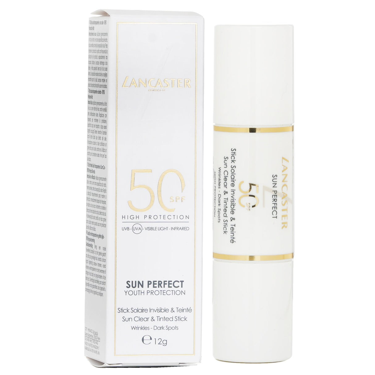 Lancaster Sun Perfect Youth Protection Stick SPF50 with dual sides for clear matte or tinted blurring finish, featuring anti-aging benefits.