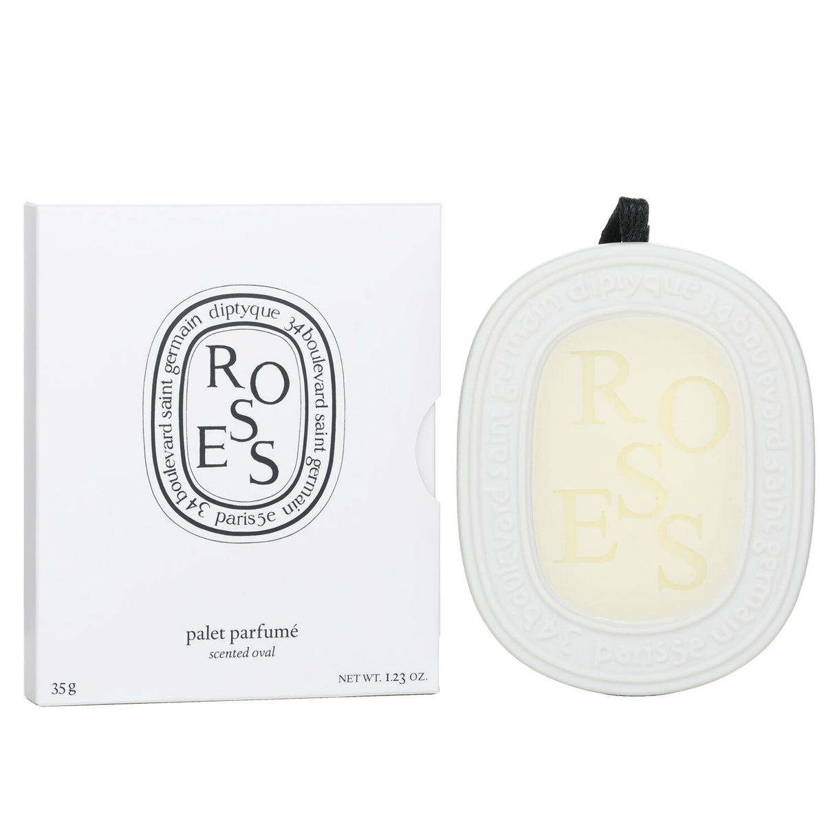 Diptyque Roses Scented Oval 35g, a luxurious air freshener showcasing the delicate fragrance of fresh blooming roses.