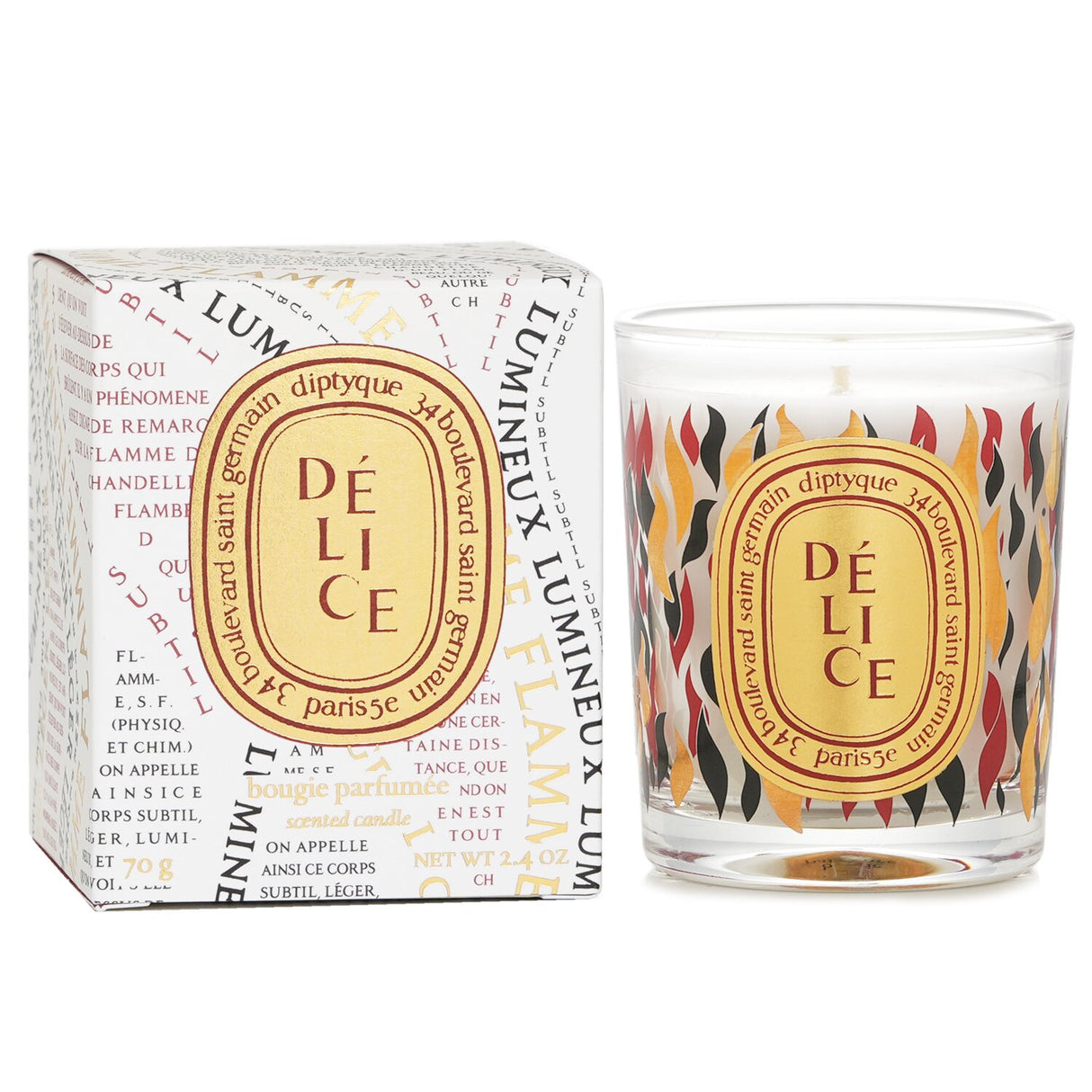 Luxurious Diptyque Scented Candle - Delice, 70g, featuring sweet aromas for a soothing ambiance and sophisticated decor.