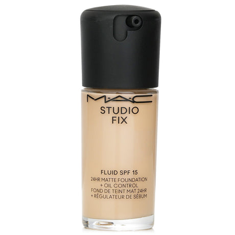 MAC Studio Fix Fluid Foundation SPF 15 in #NC12, a long-wearing, oil-free formula for a smooth, matte finish and hydration.