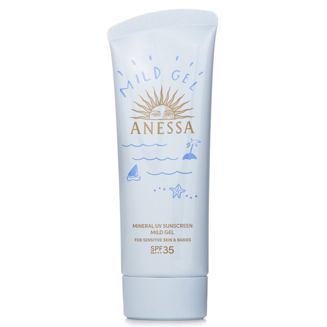 Anessa Mineral UV Sunscreen Mild Gel SPF35 in 90g, gentle and lightweight, perfect for sensitive skin and babies.