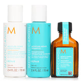 Moroccanoil Repair & Moisture Trio Set includes treatment, shampoo, and conditioner for deep hydration and hair revitalization.