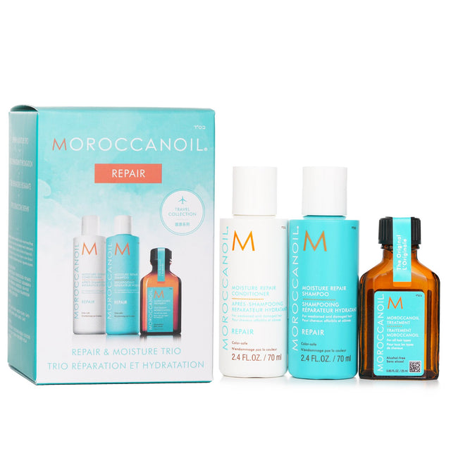 Moroccanoil Repair & Moisture Trio Set includes treatment, shampoo, and conditioner for deep hydration and hair revitalization.