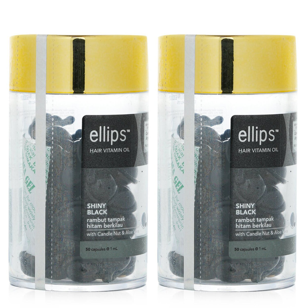 Two packs of 50 capsules each of Ellips Hair Vitamin Oil for shiny, healthy hair, suitable for all hair types.