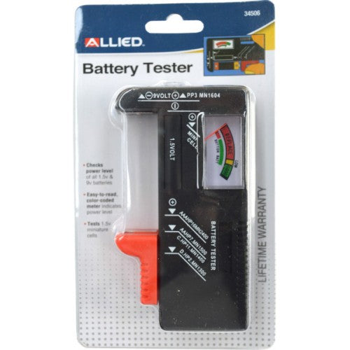 Battery tester for AA, AAA, C, D, and 9V batteries with color-coded power level indicator.