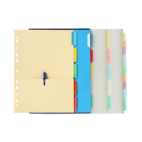 Marbig A4 dividers with 10 clear pockets and colored tabs, perfect for organizing and protecting documents efficiently.