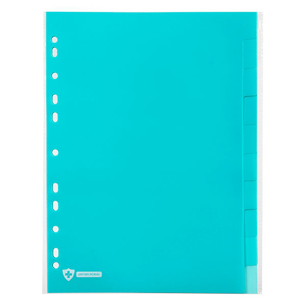 Blue A4 dividers with numbered tabs, antimicrobial coating, and durable polypropylene for organized, germ-free documents.