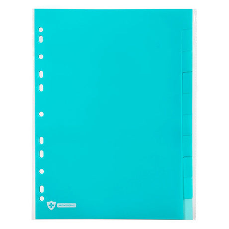 Blue A4 dividers with numbered tabs, antimicrobial coating, and durable polypropylene for organized, germ-free documents.