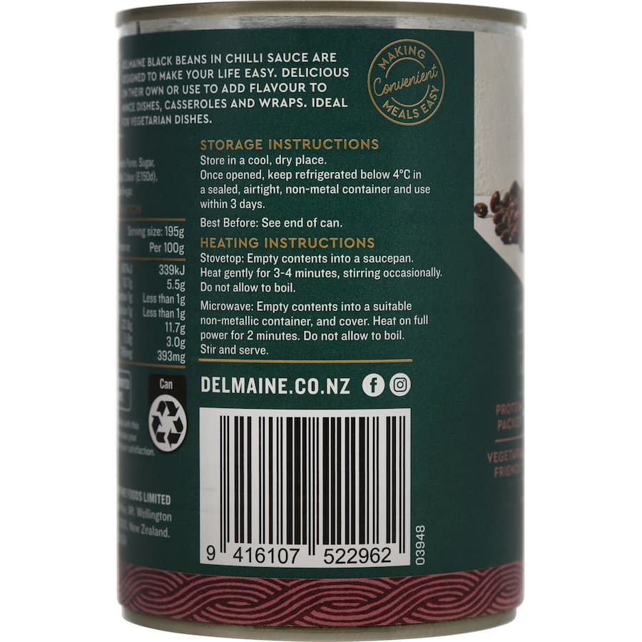 Delmaine Beans Black In Chilli Sauce Can 390g