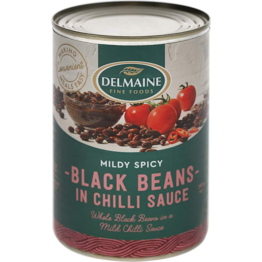 Delmaine Beans Black In Chilli Sauce Can 390g