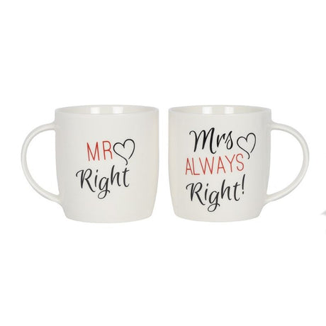 Set of 2 charming Mr & Mrs ceramic mugs with humorous messages, perfect for couples and newlyweds.