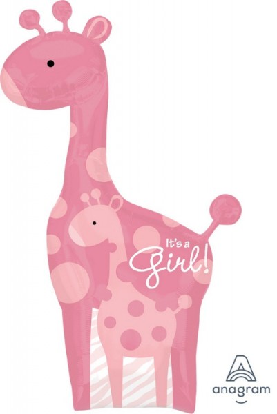 Self-sealing foil balloon shaped like a giraffe, ideal for baby showers and safari-themed parties, measuring 64cm x 107cm.