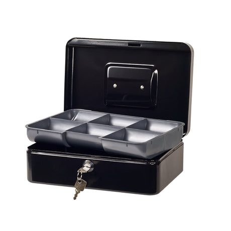 Esselte Cash Box Classic No8 Black, durable steel construction, compact, 6 coin compartments, and secure with 2 keys.