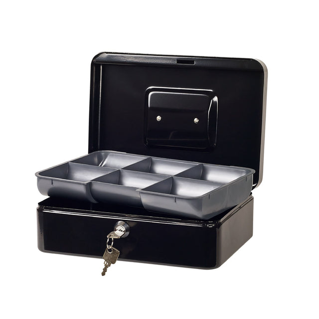 Esselte Cash Box Classic No8 Black, durable steel construction, compact, 6 coin compartments, and secure with 2 keys.