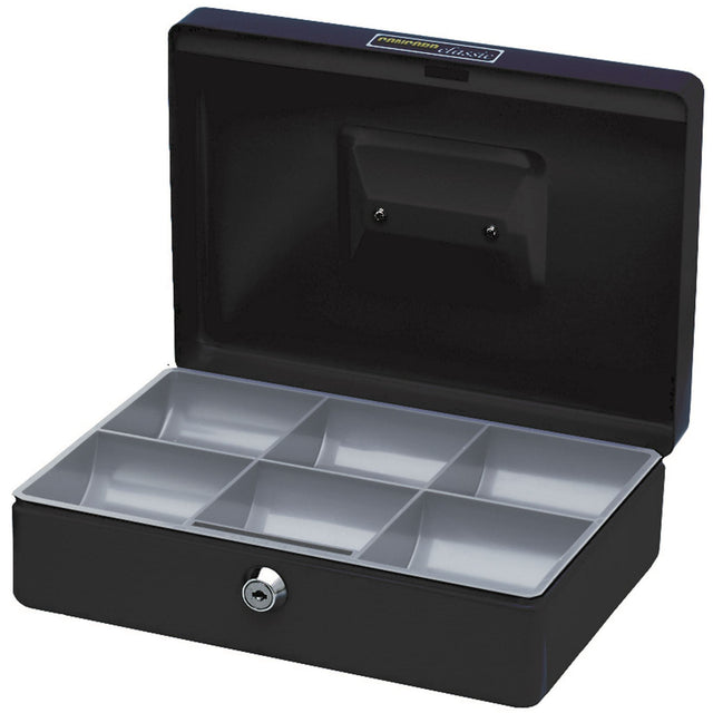 Esselte Cash Box Classic No10 Black with sturdy steel, folding handle, coin tray, and secure lock for cash management.