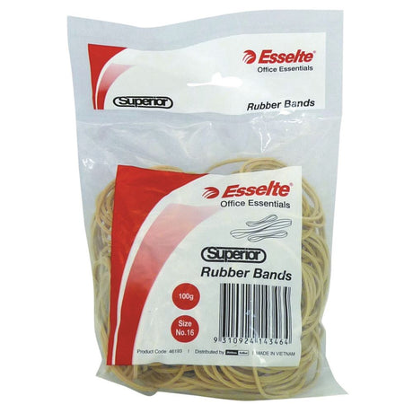 High-quality Size 16 natural rubber bands in a 100gm box, ideal for office and home organization.