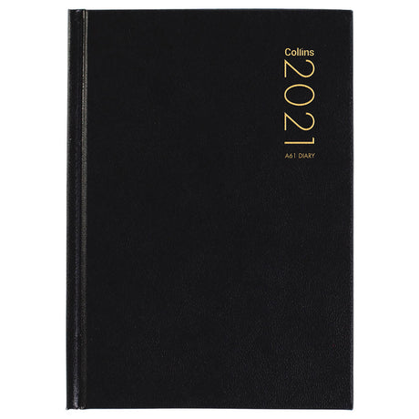 Collins Diary A61 in black, pocket-sized with day-per-page layout, durable cover, and ribbon marker for efficient planning.