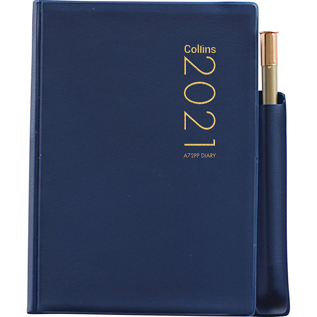 Navy Collins Diary A72PP with pencil, compact 105x74mm, 2 days per page layout for effective planning and organization.